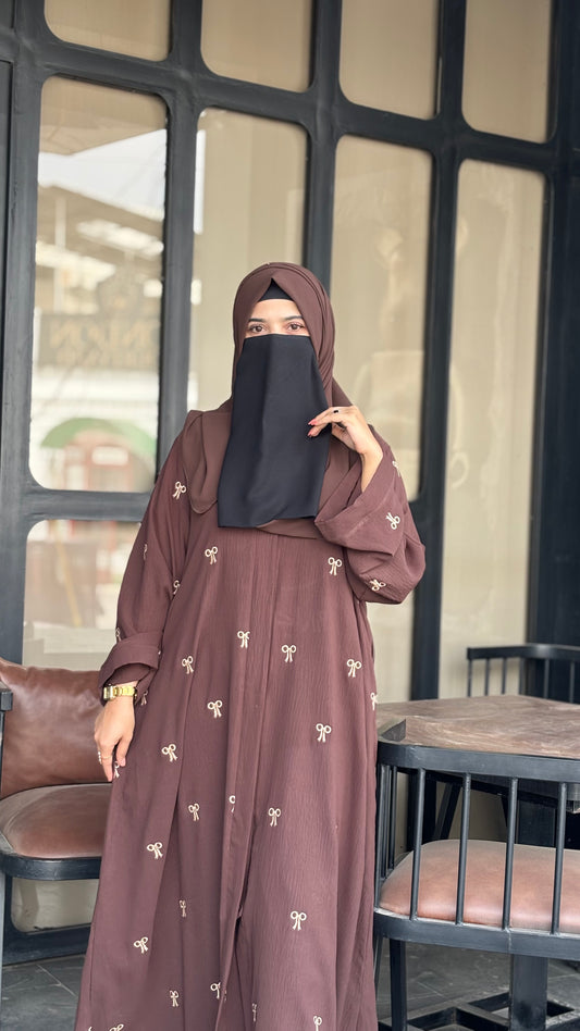 Elegant Turkish Fabric Abaya Brown with Embroidered Bows