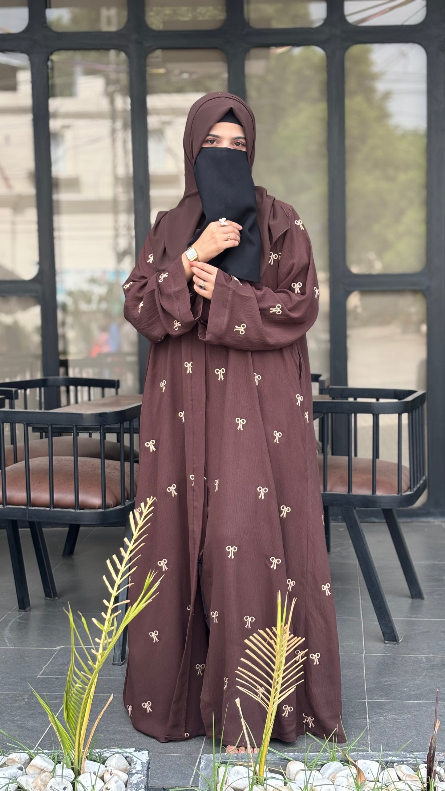 Elegant Turkish Fabric Abaya Brown with Embroidered Bows
