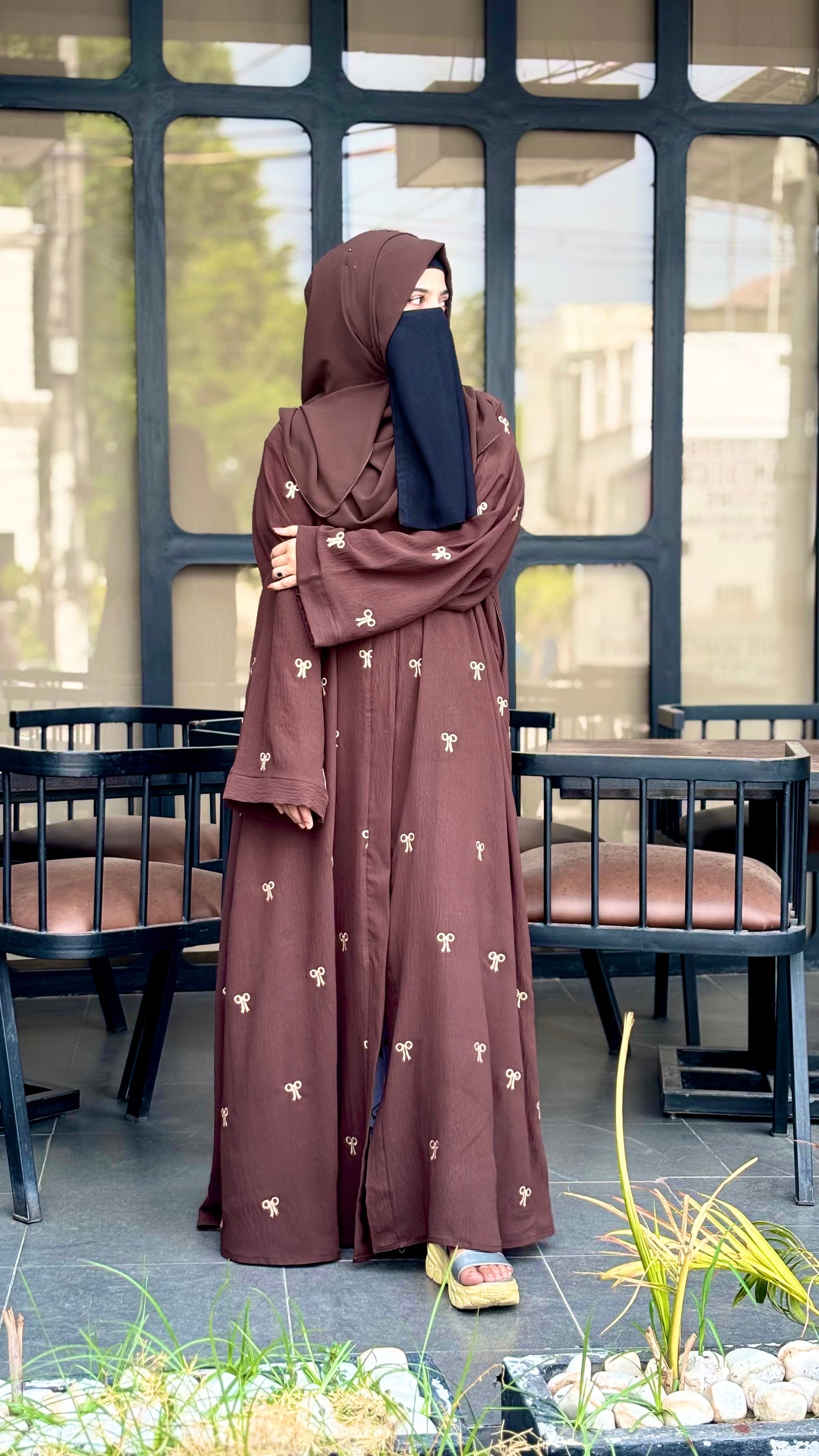 Elegant Turkish Fabric Abaya Brown with Embroidered Bows