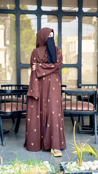 Elegant Turkish Fabric Abaya Brown with Embroidered Bows