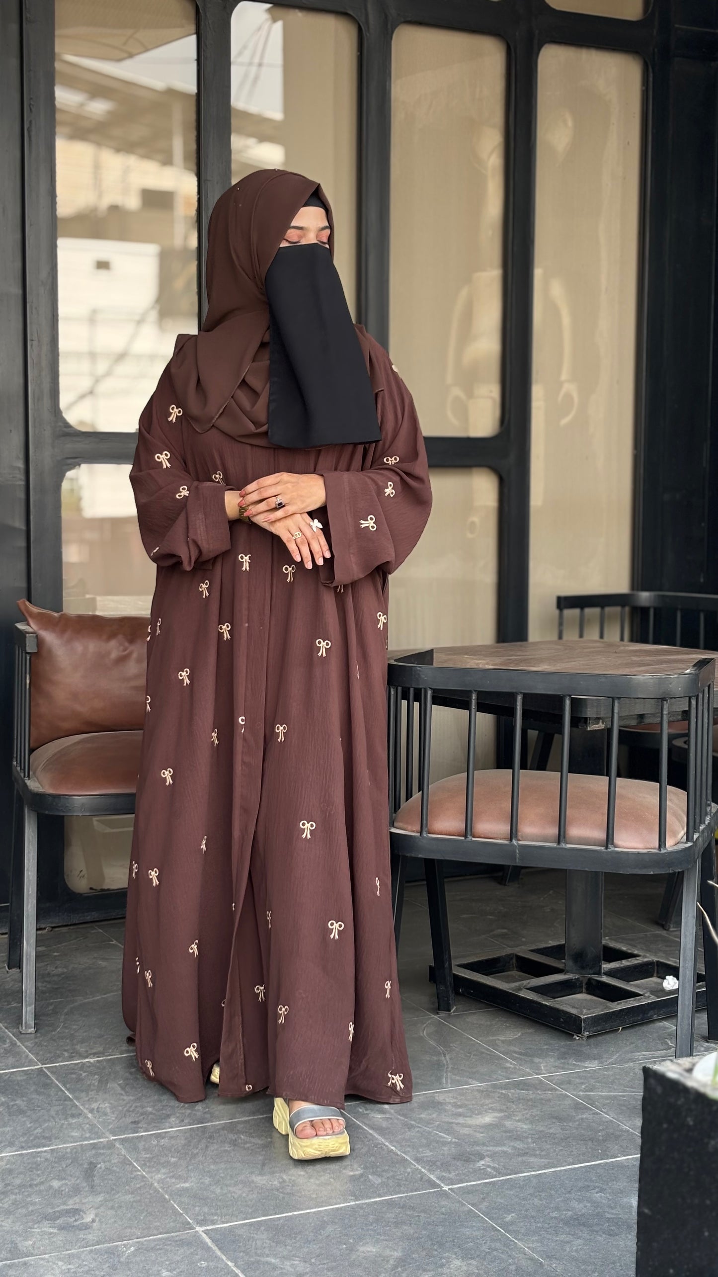 Elegant Turkish Fabric Abaya Brown with Embroidered Bows