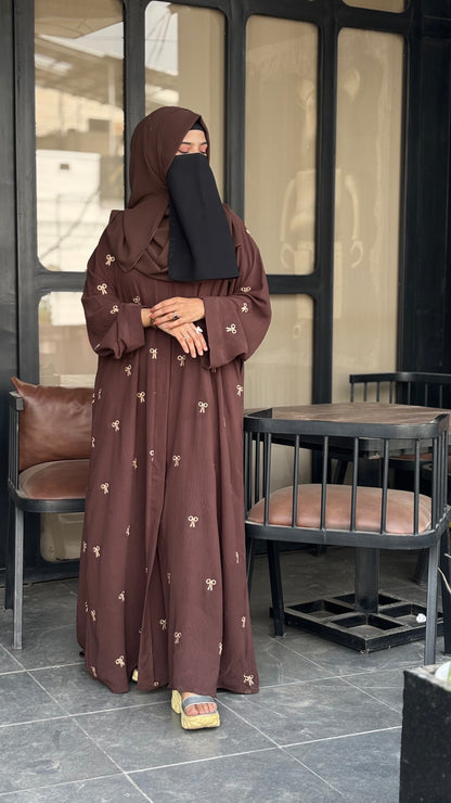 Elegant Turkish Fabric Abaya Brown with Embroidered Bows